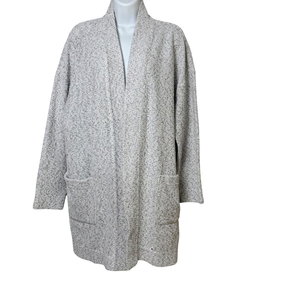 Lands End Womens XL Grey White Marled Open Front Shawl Collar Cardigan Sweater